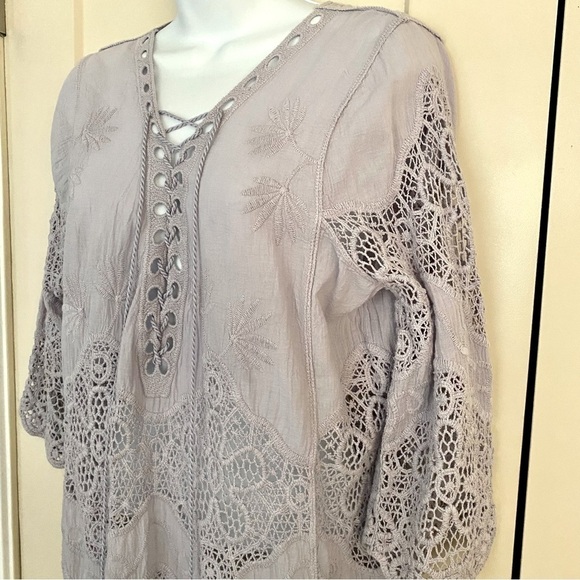Lilac Tunic Top S/M Floral Cotton Lace-up Embroidered Crochet Blouse Flowy - Picture 3 of 15